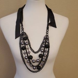 Black Ribbon Beaded Necklace